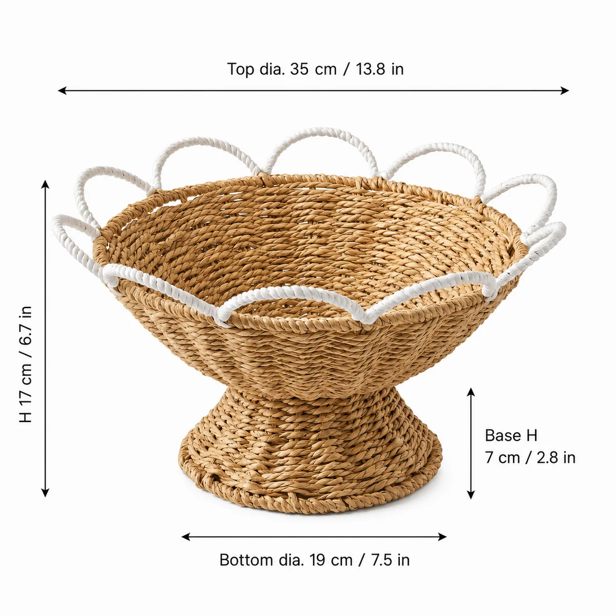 Natural Brown Paper Rope Round Pedestal Fruit Basket with White Wave Handle Trim