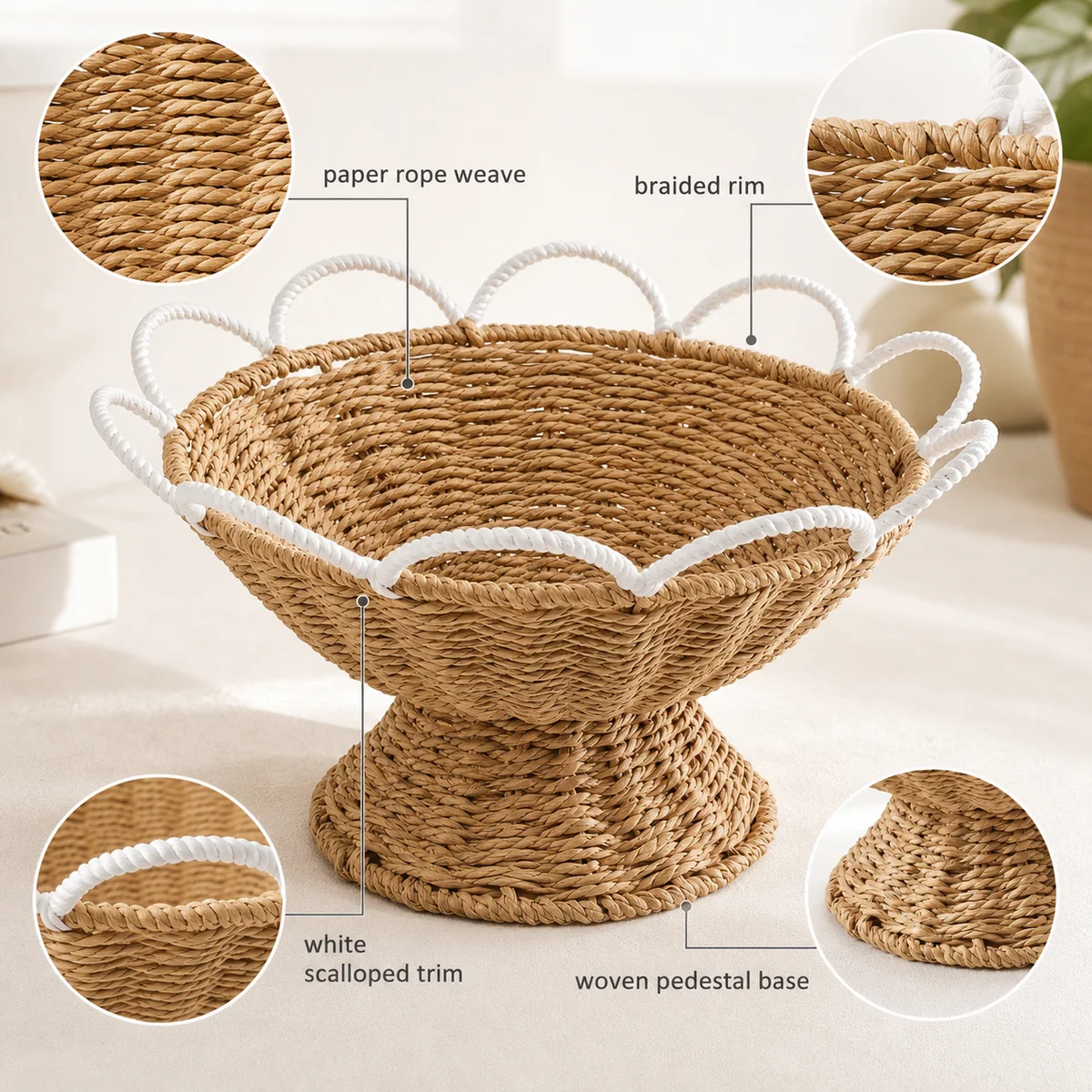 Natural Brown Paper Rope Round Pedestal Fruit Basket with White Wave Handle Trim