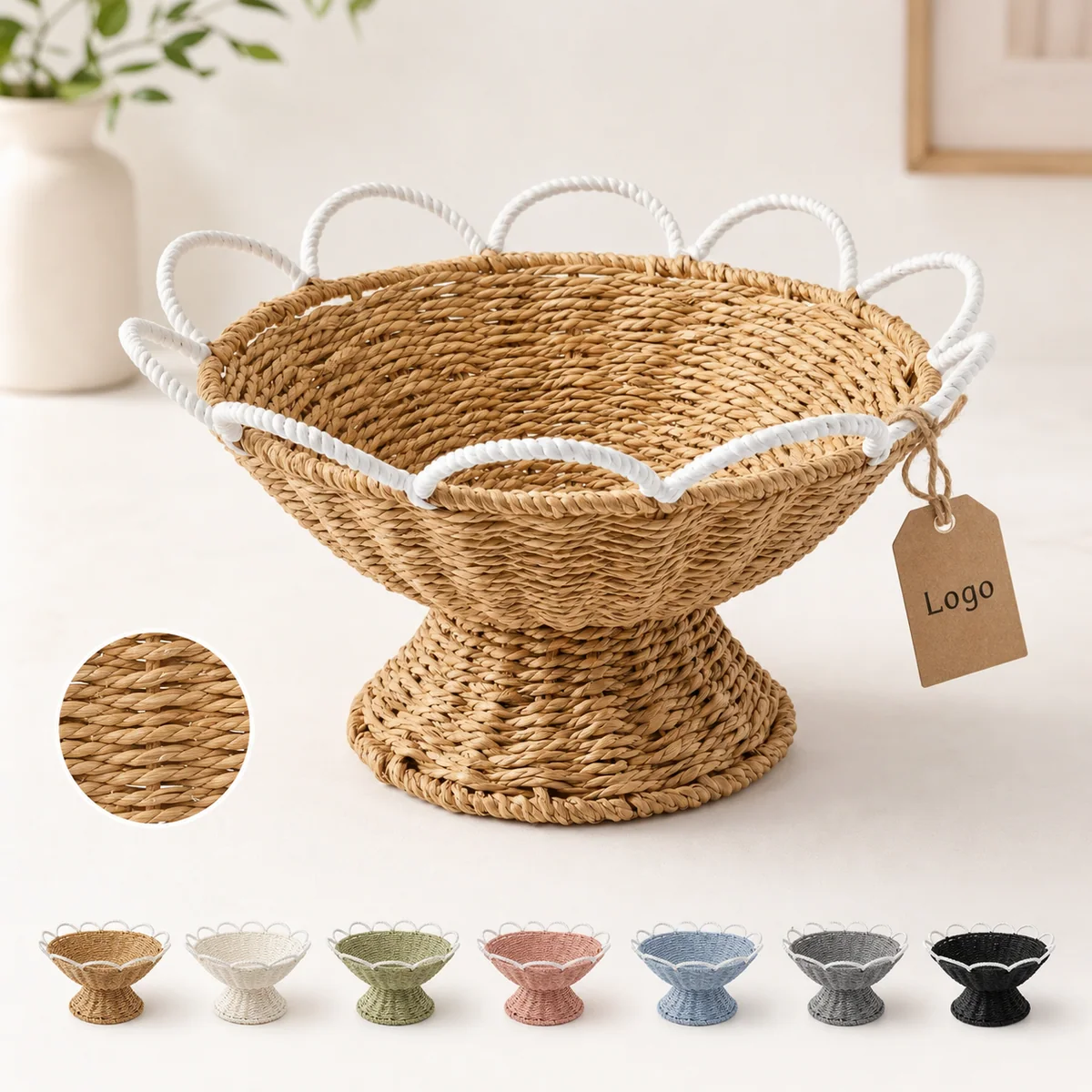 Natural Brown Paper Rope Round Pedestal Fruit Basket with White Wave Handle Trim