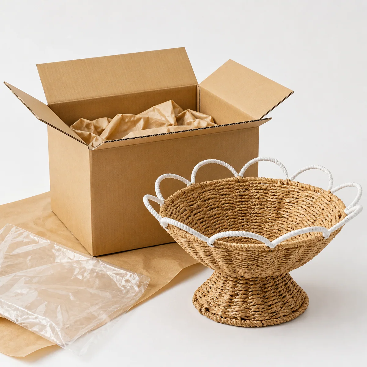 Natural Brown Paper Rope Round Pedestal Fruit Basket with White Wave Handle Trim