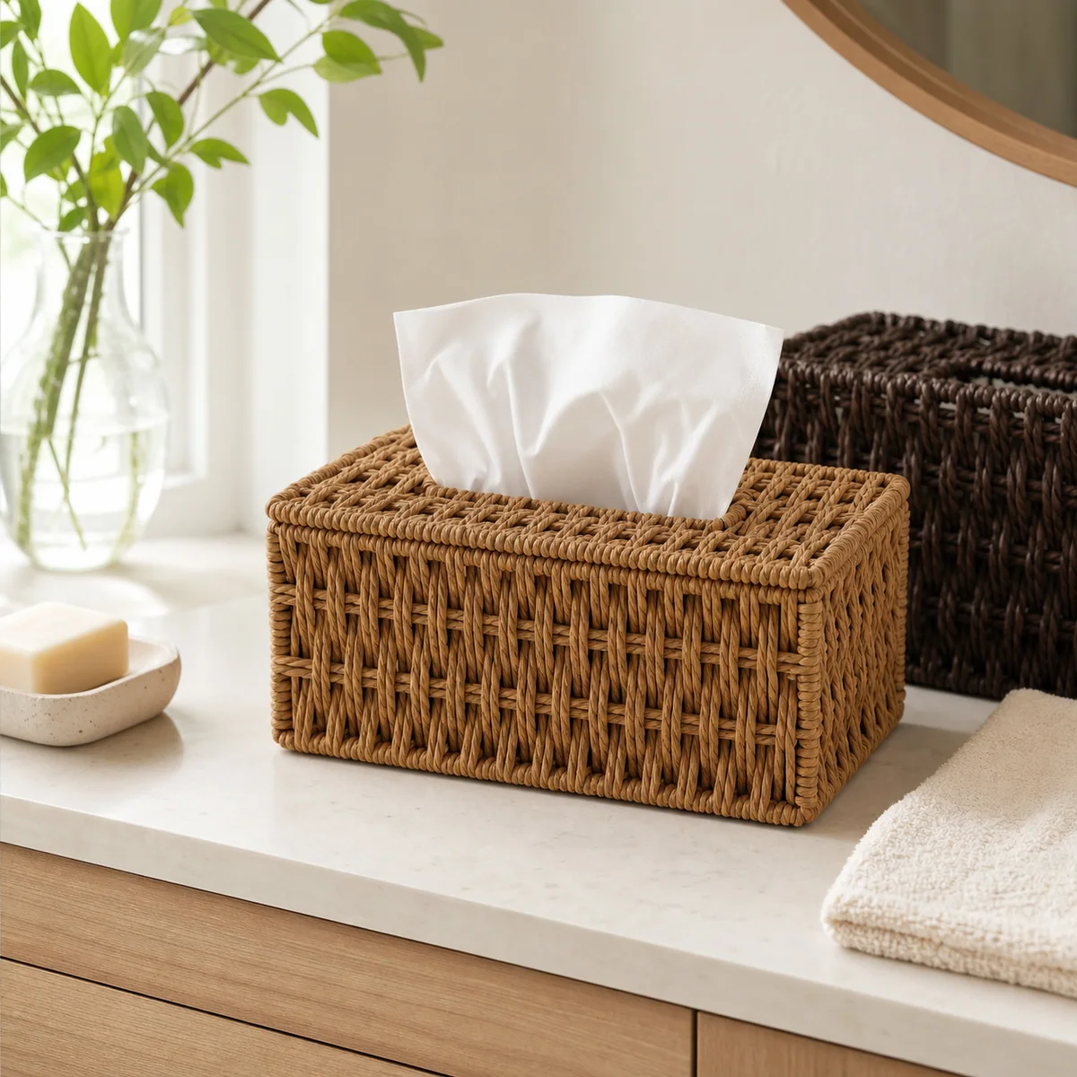 Paper Rope Rectangular Tissue Box Cover in Dark Brown and Natural Wood Tone