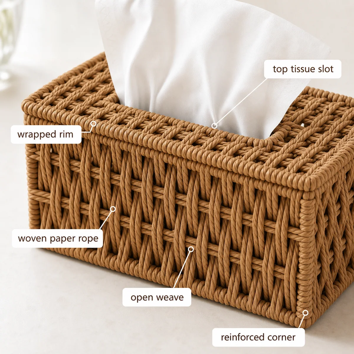 Paper Rope Rectangular Tissue Box Cover in Dark Brown and Natural Wood Tone