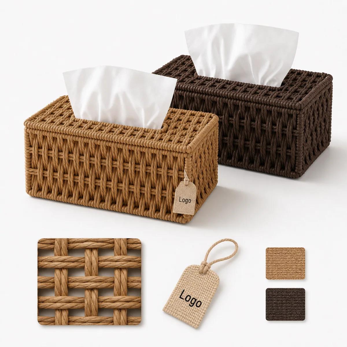 Paper Rope Rectangular Tissue Box Cover in Dark Brown and Natural Wood Tone