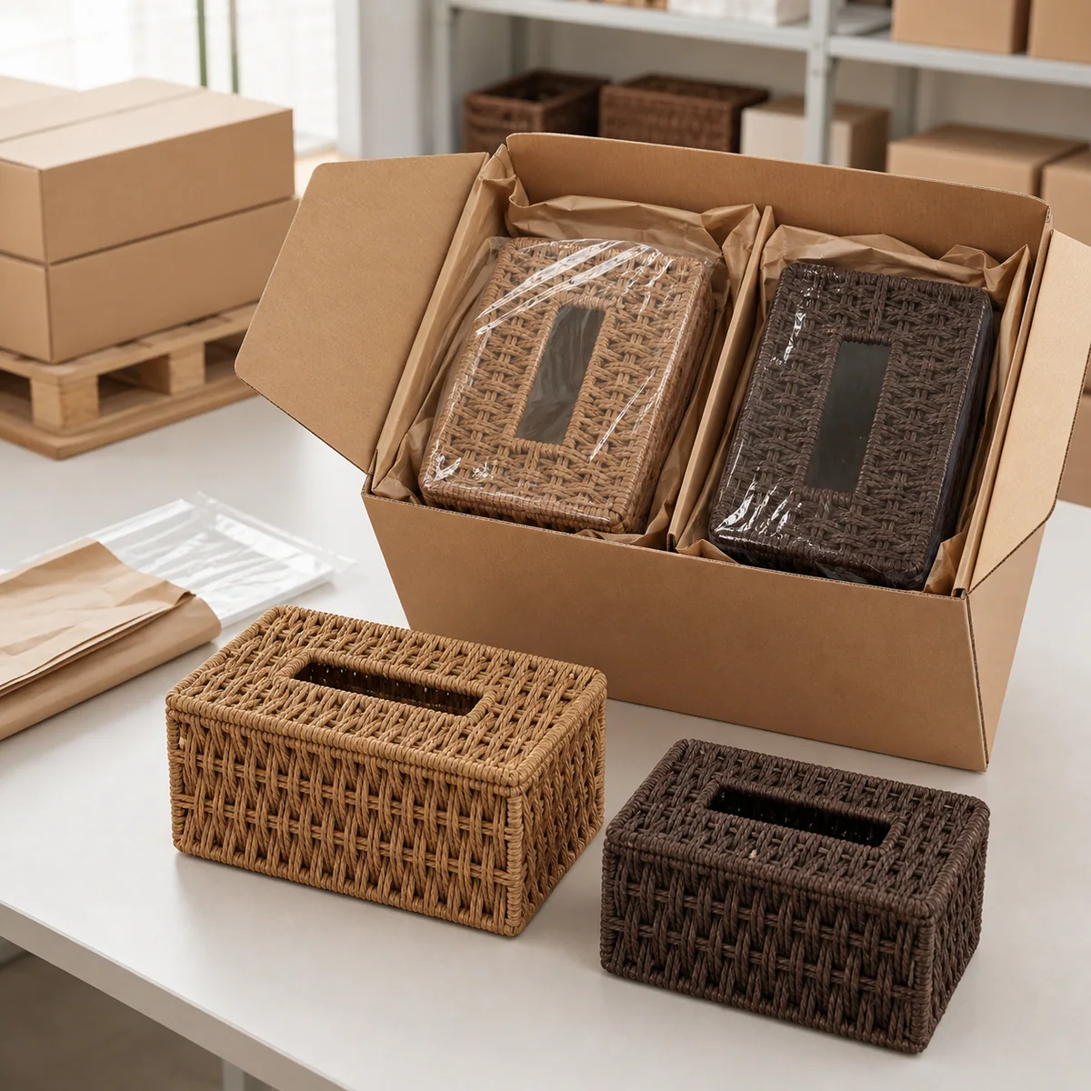 Paper Rope Rectangular Tissue Box Cover in Dark Brown and Natural Wood Tone