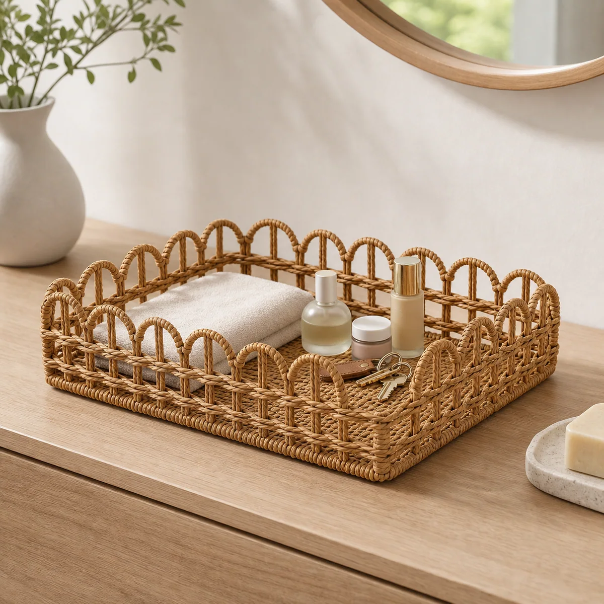 Natural Honey Brown Paper Rope Rectangular Storage Tray with Arched Rail Sides
