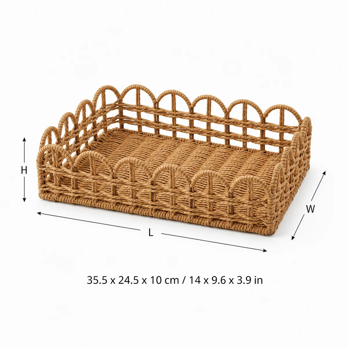 Natural Honey Brown Paper Rope Rectangular Storage Tray with Arched Rail Sides