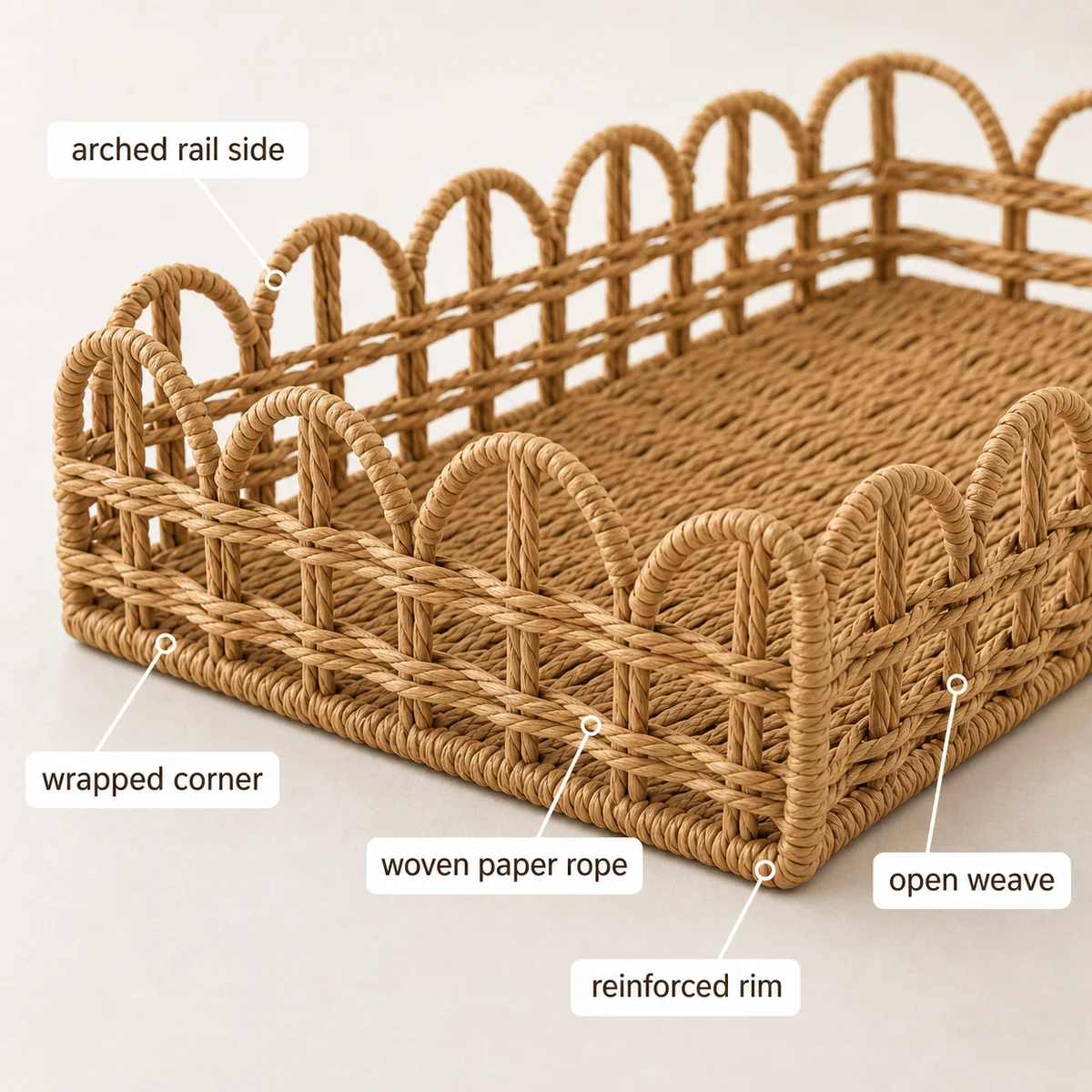 Natural Honey Brown Paper Rope Rectangular Storage Tray with Arched Rail Sides