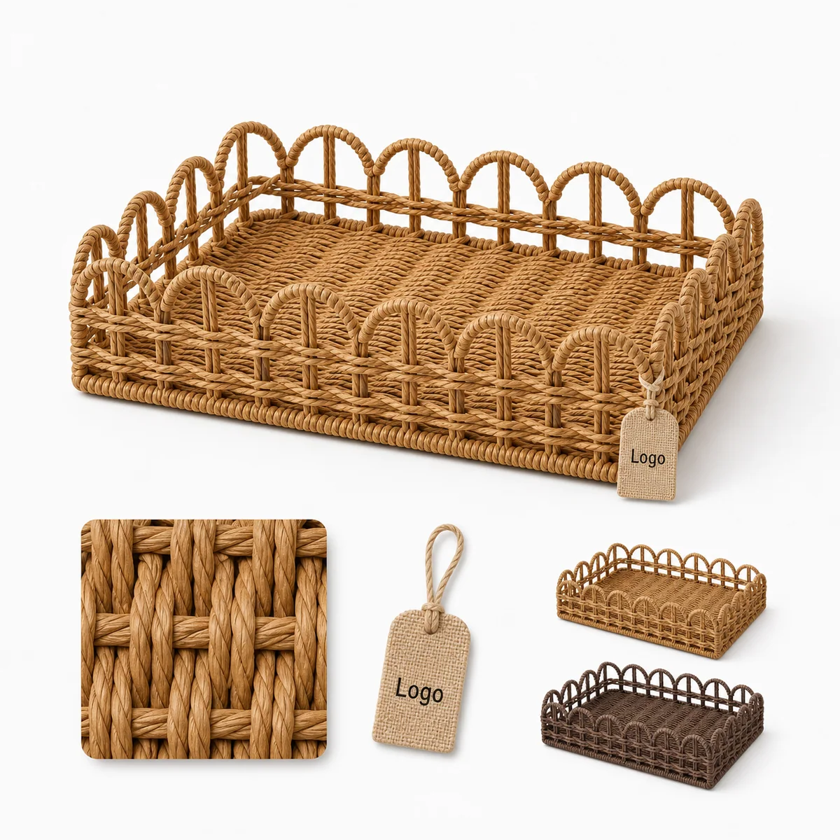 Natural Honey Brown Paper Rope Rectangular Storage Tray with Arched Rail Sides
