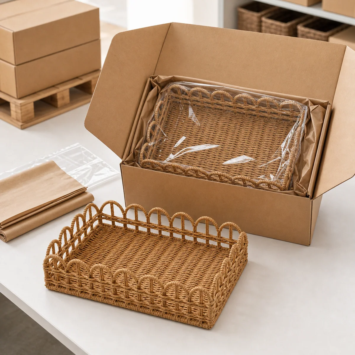 Natural Honey Brown Paper Rope Rectangular Storage Tray with Arched Rail Sides