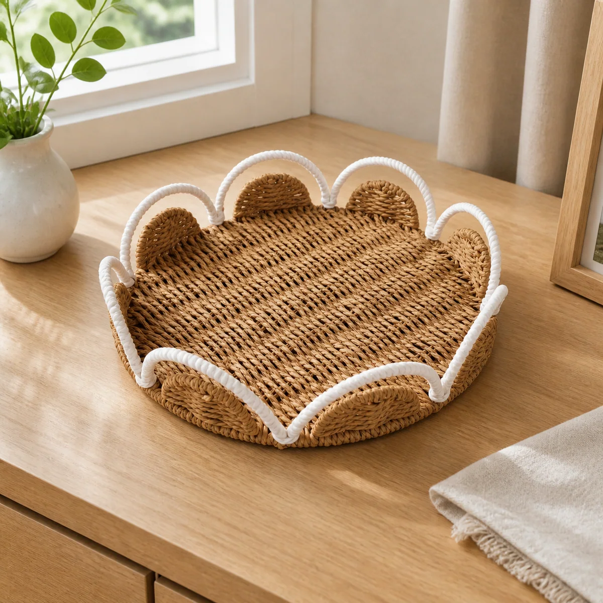 Natural Brown and White Paper Rope Round Shallow Storage Tray with Wave Loop Trim