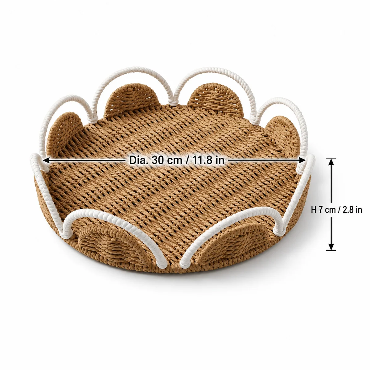Natural Brown and White Paper Rope Round Shallow Storage Tray with Wave Loop Trim