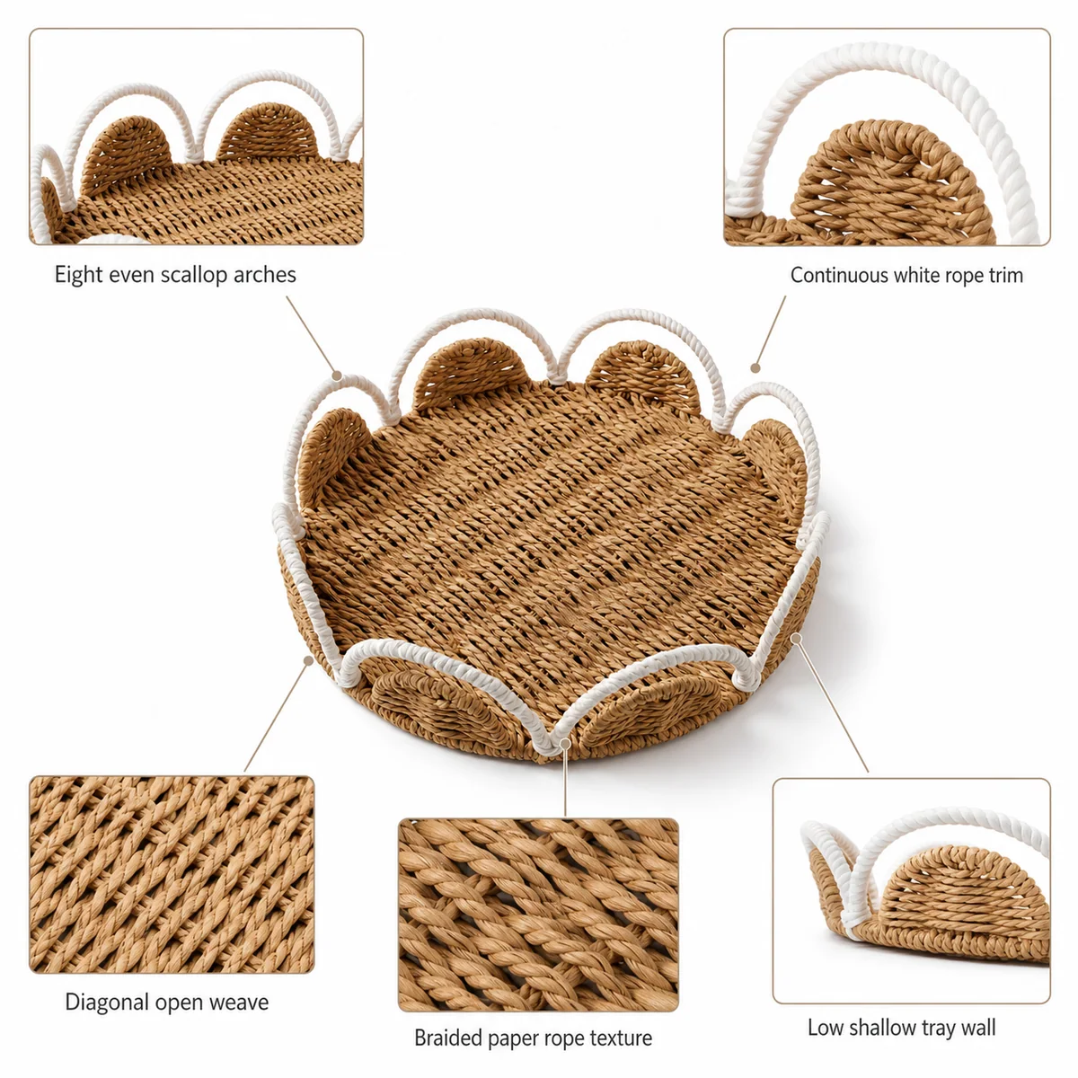 Natural Brown and White Paper Rope Round Shallow Storage Tray with Wave Loop Trim
