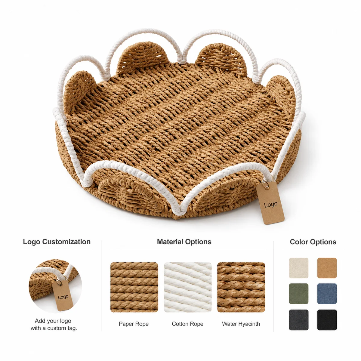 Natural Brown and White Paper Rope Round Shallow Storage Tray with Wave Loop Trim