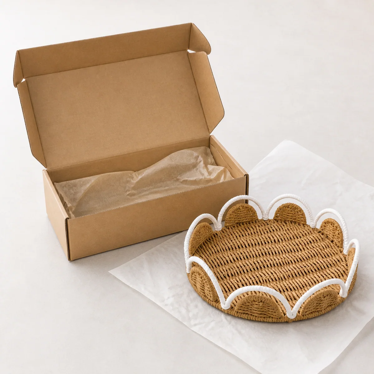 Natural Brown and White Paper Rope Round Shallow Storage Tray with Wave Loop Trim