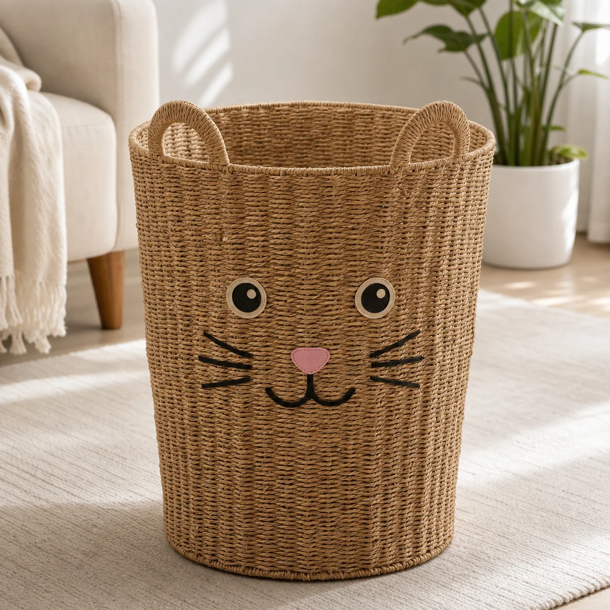 Natural Brown Paper Rope Round Cat Face Kids Laundry Hamper