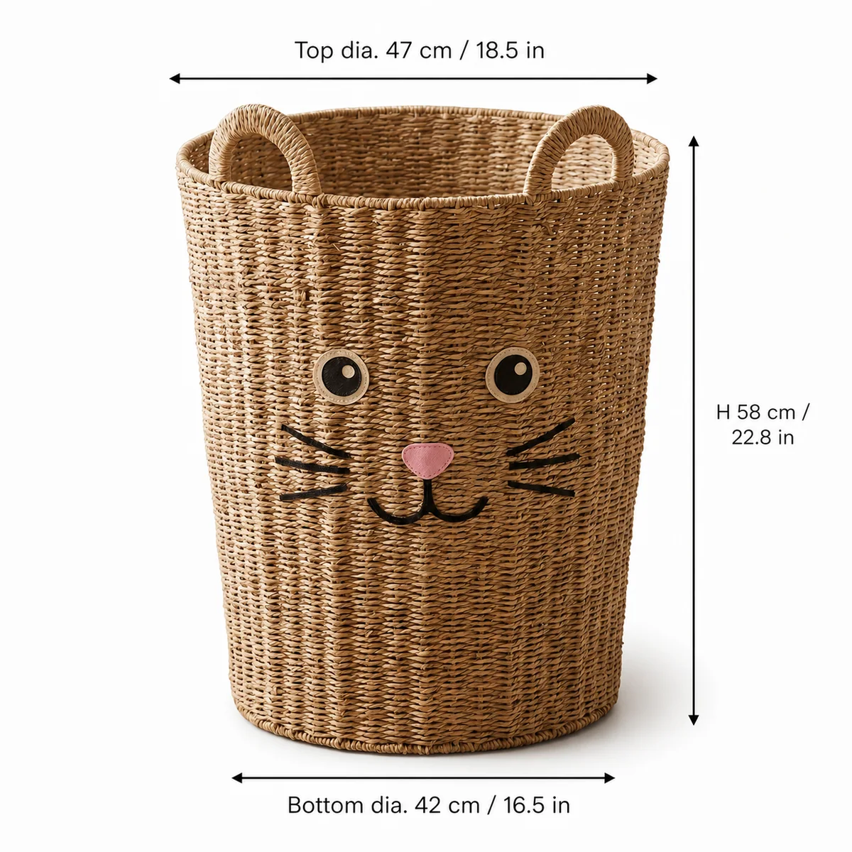 Natural Brown Paper Rope Round Cat Face Kids Laundry Hamper