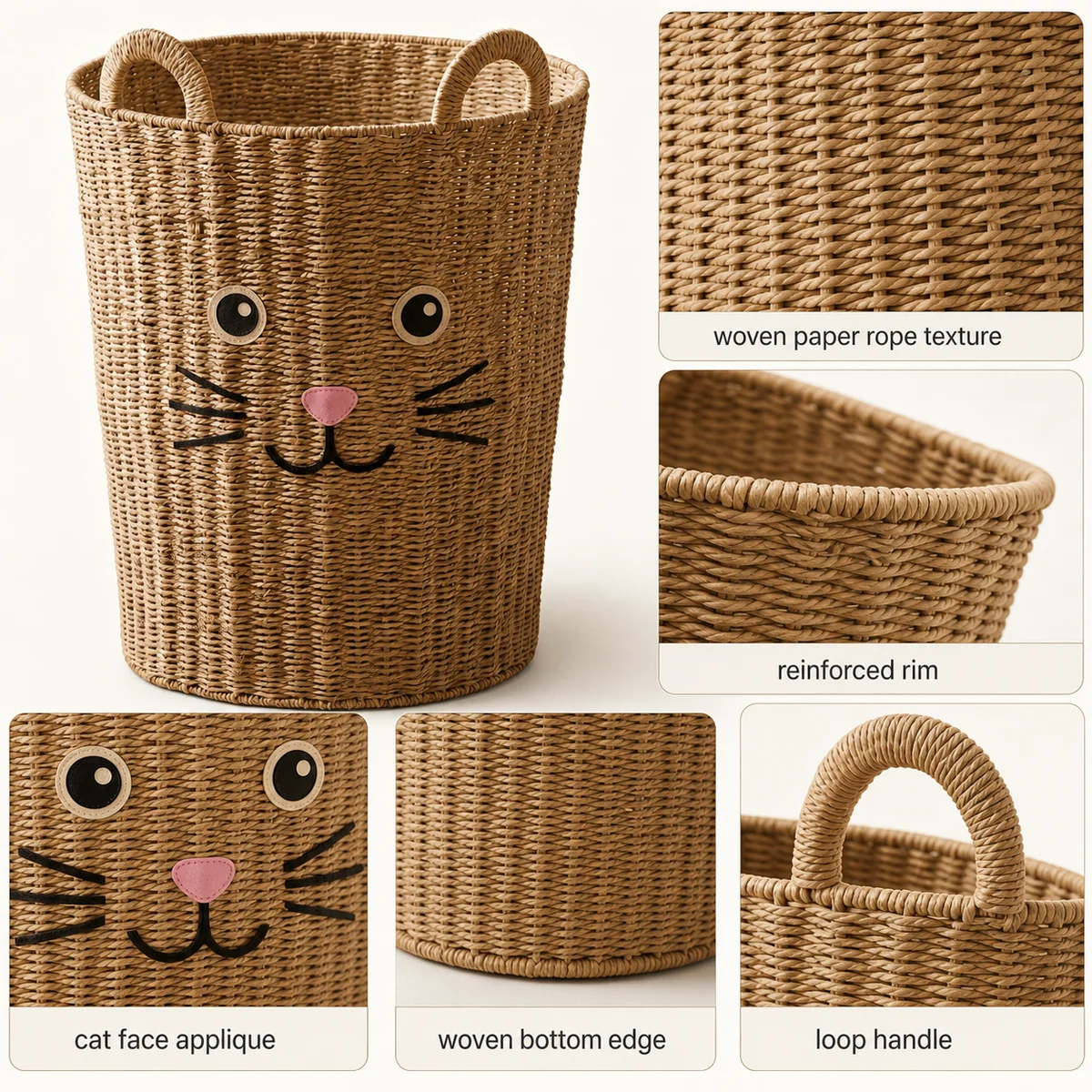 Natural Brown Paper Rope Round Cat Face Kids Laundry Hamper