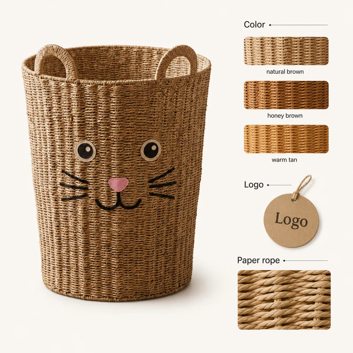 Natural Brown Paper Rope Round Cat Face Kids Laundry Hamper