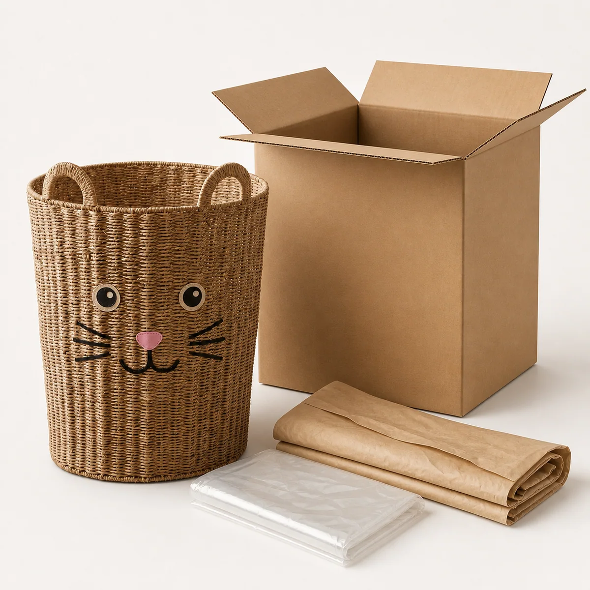 Natural Brown Paper Rope Round Cat Face Kids Laundry Hamper