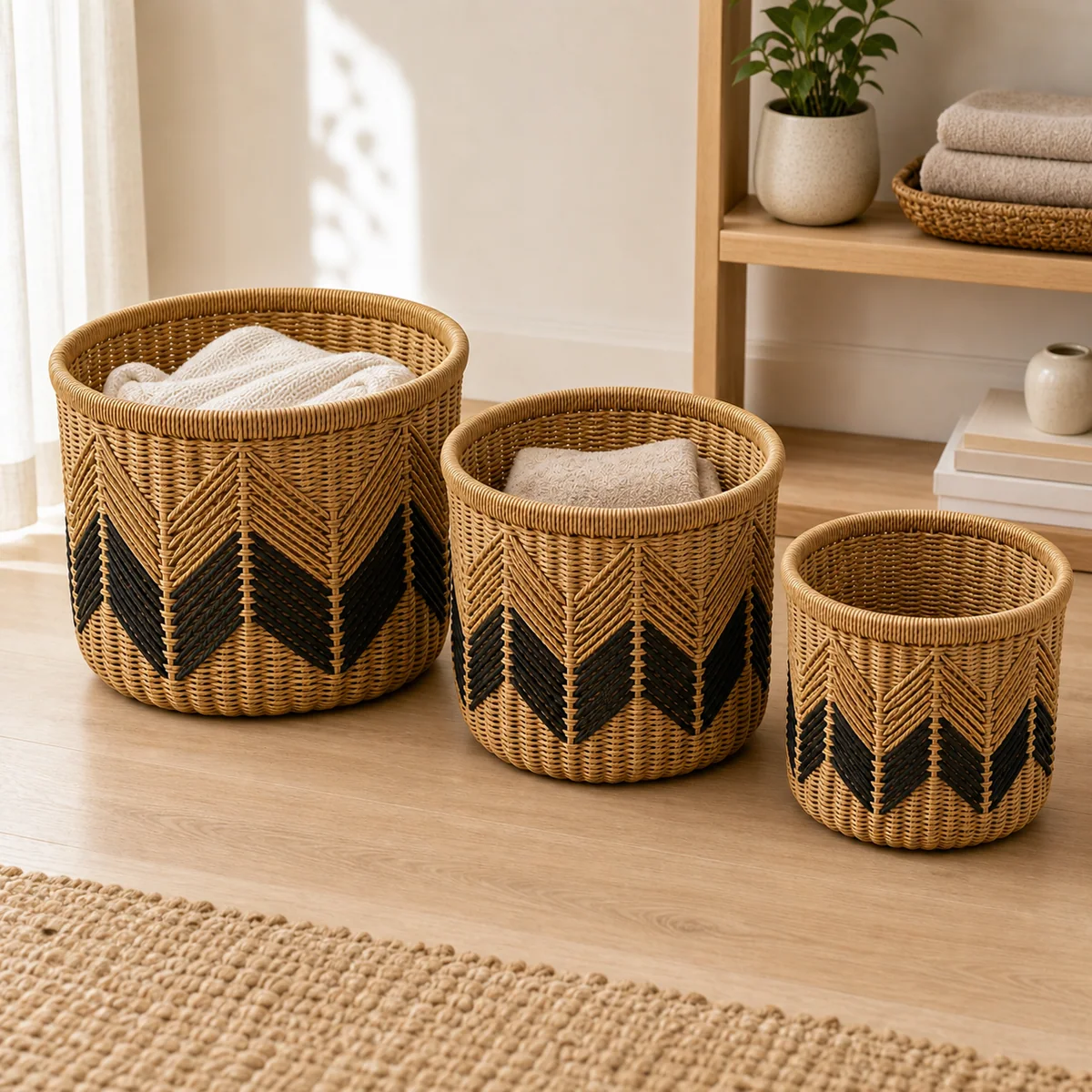 Natural Honey Brown Paper Rope Round 3-Piece Nested Tall Basket Set with Black V-Pattern Accent