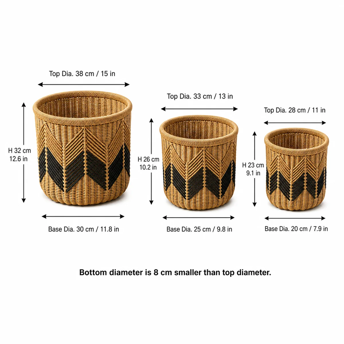 Natural Honey Brown Paper Rope Round 3-Piece Nested Tall Basket Set with Black V-Pattern Accent