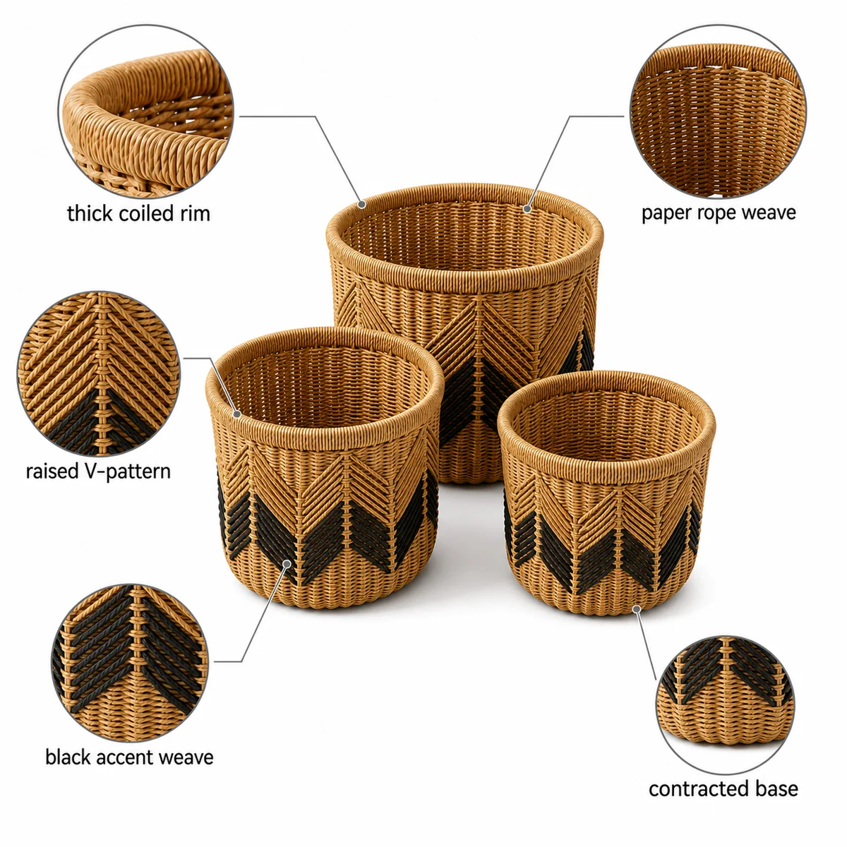 Natural Honey Brown Paper Rope Round 3-Piece Nested Tall Basket Set with Black V-Pattern Accent
