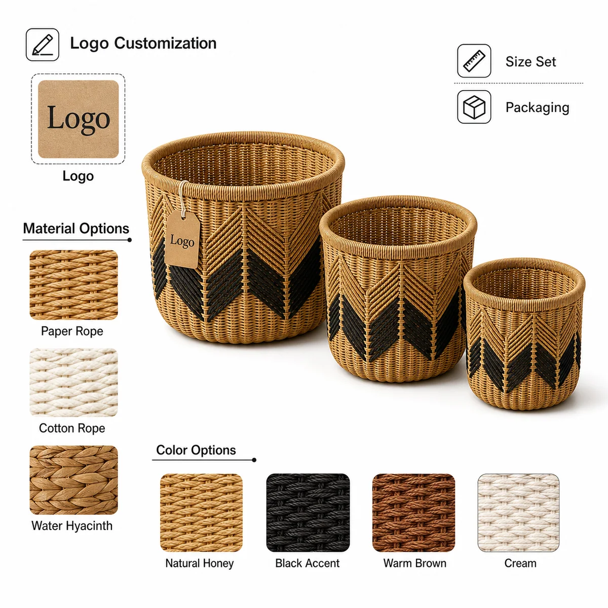 Natural Honey Brown Paper Rope Round 3-Piece Nested Tall Basket Set with Black V-Pattern Accent