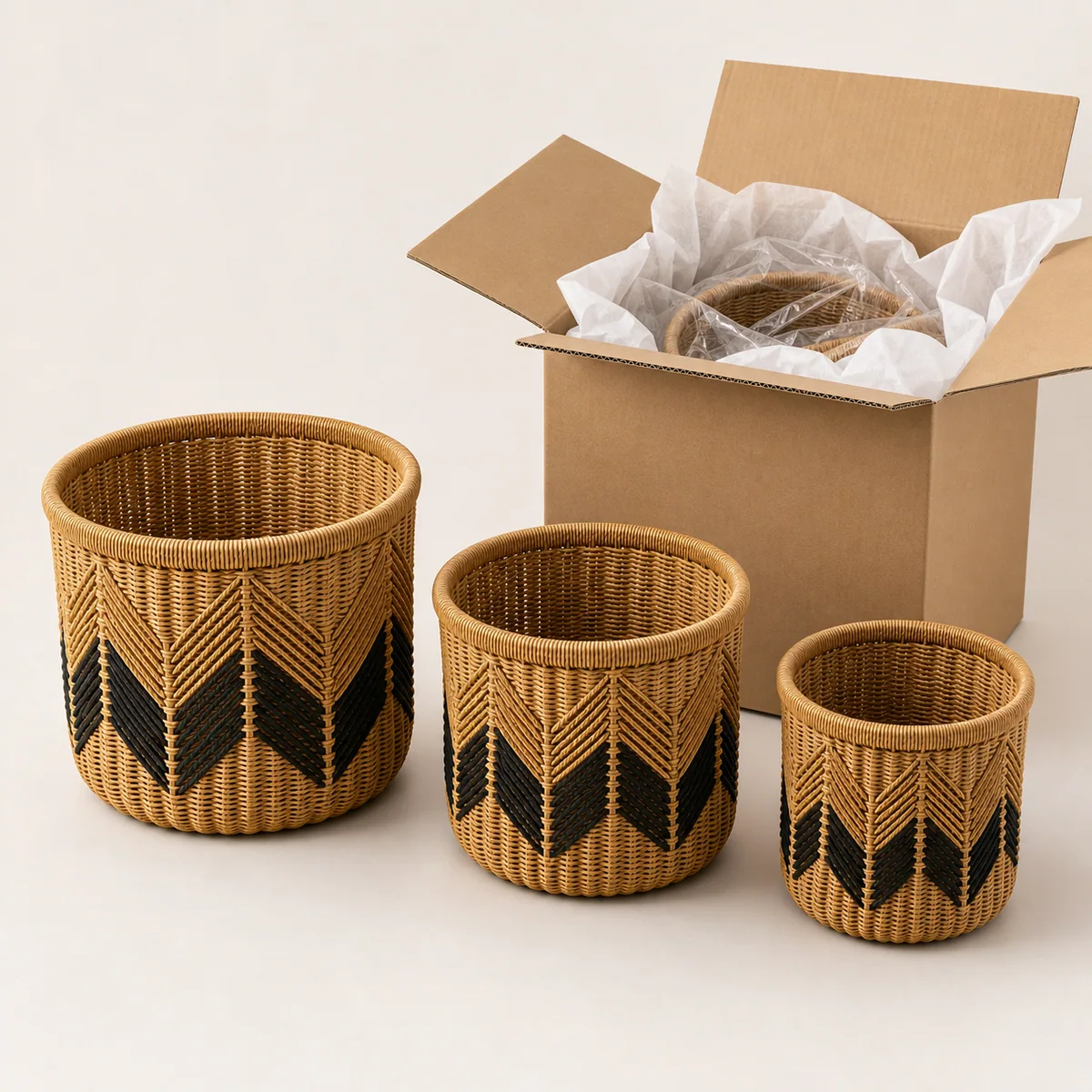 Natural Honey Brown Paper Rope Round 3-Piece Nested Tall Basket Set with Black V-Pattern Accent