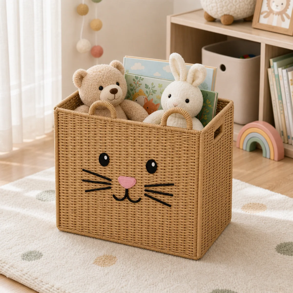Natural Paper Rope Rectangular Cat Face Foldable Kids Storage Basket
