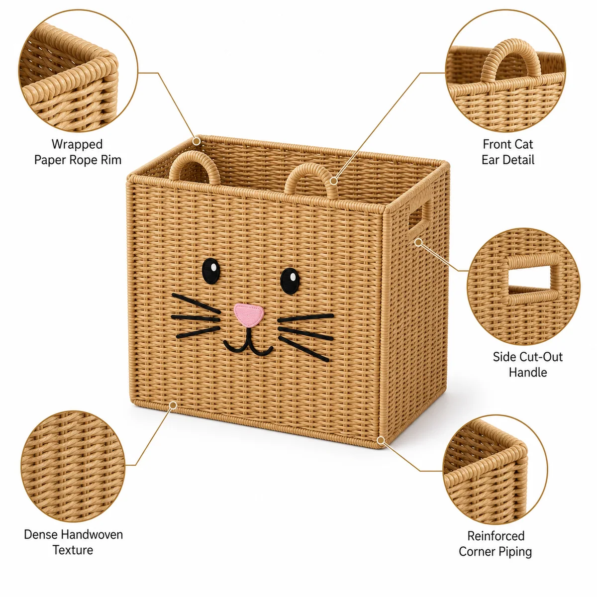 Natural Paper Rope Rectangular Cat Face Foldable Kids Storage Basket