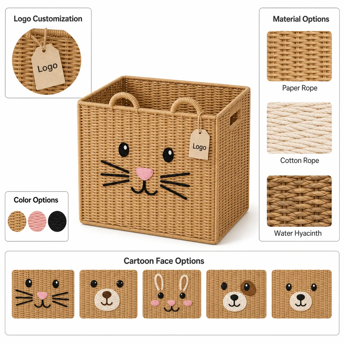 Natural Paper Rope Rectangular Cat Face Foldable Kids Storage Basket