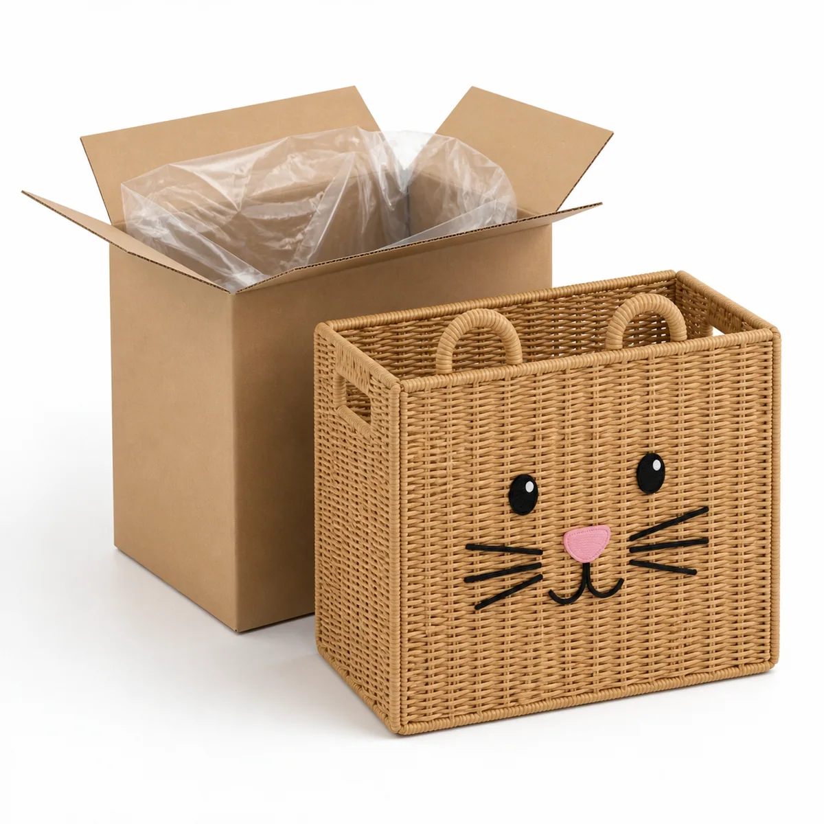 Natural Paper Rope Rectangular Cat Face Foldable Kids Storage Basket