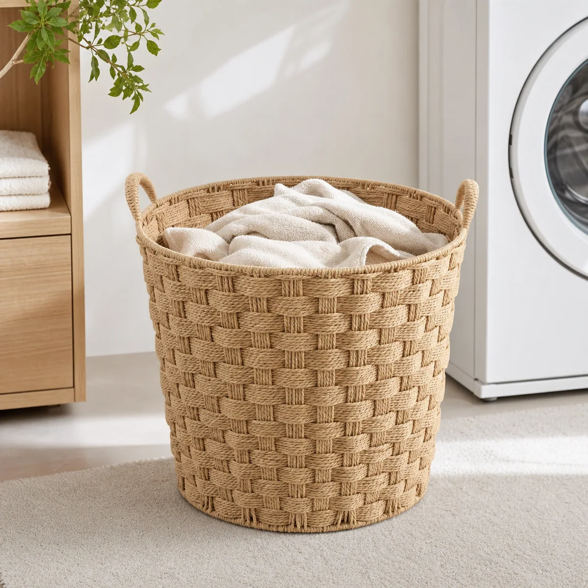 Natural Tan Paper Rope Round Laundry Hamper with Wide Checker Weave and Loop Handles