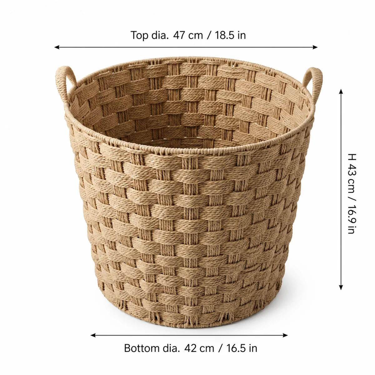 Natural Tan Paper Rope Round Laundry Hamper with Wide Checker Weave and Loop Handles
