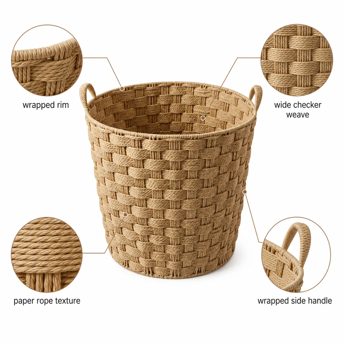 Natural Tan Paper Rope Round Laundry Hamper with Wide Checker Weave and Loop Handles
