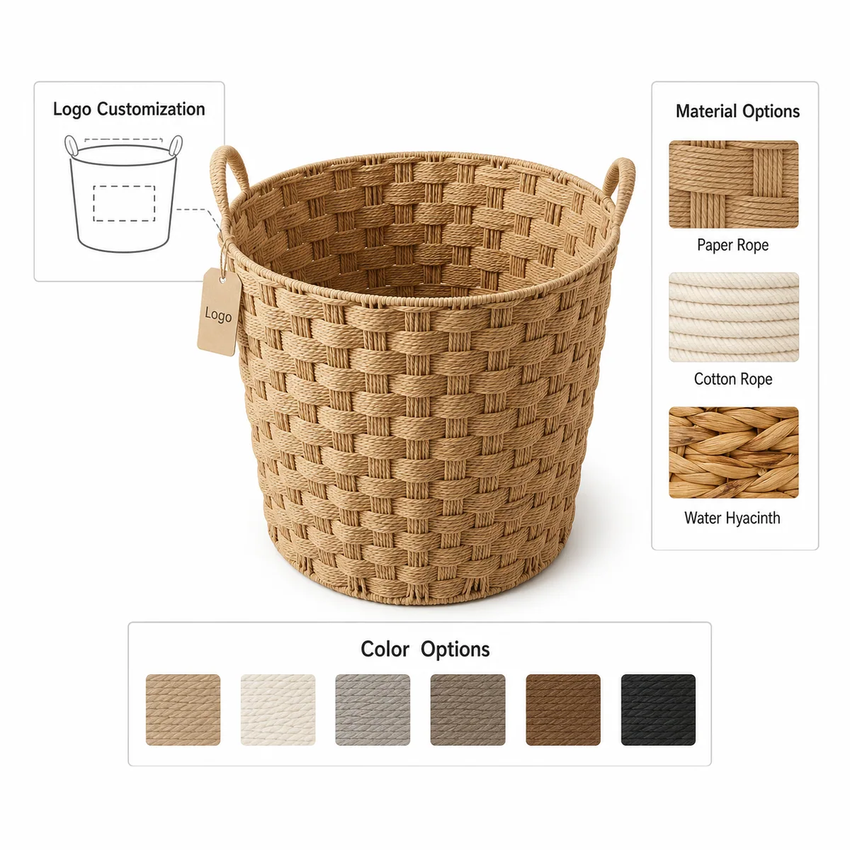 Natural Tan Paper Rope Round Laundry Hamper with Wide Checker Weave and Loop Handles