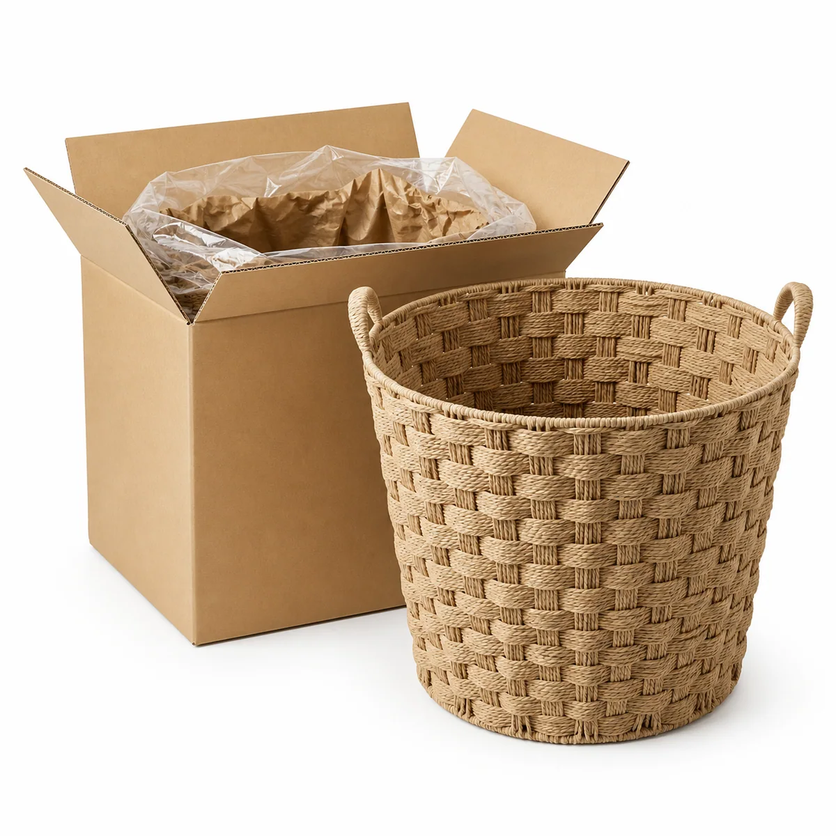 Natural Tan Paper Rope Round Laundry Hamper with Wide Checker Weave and Loop Handles