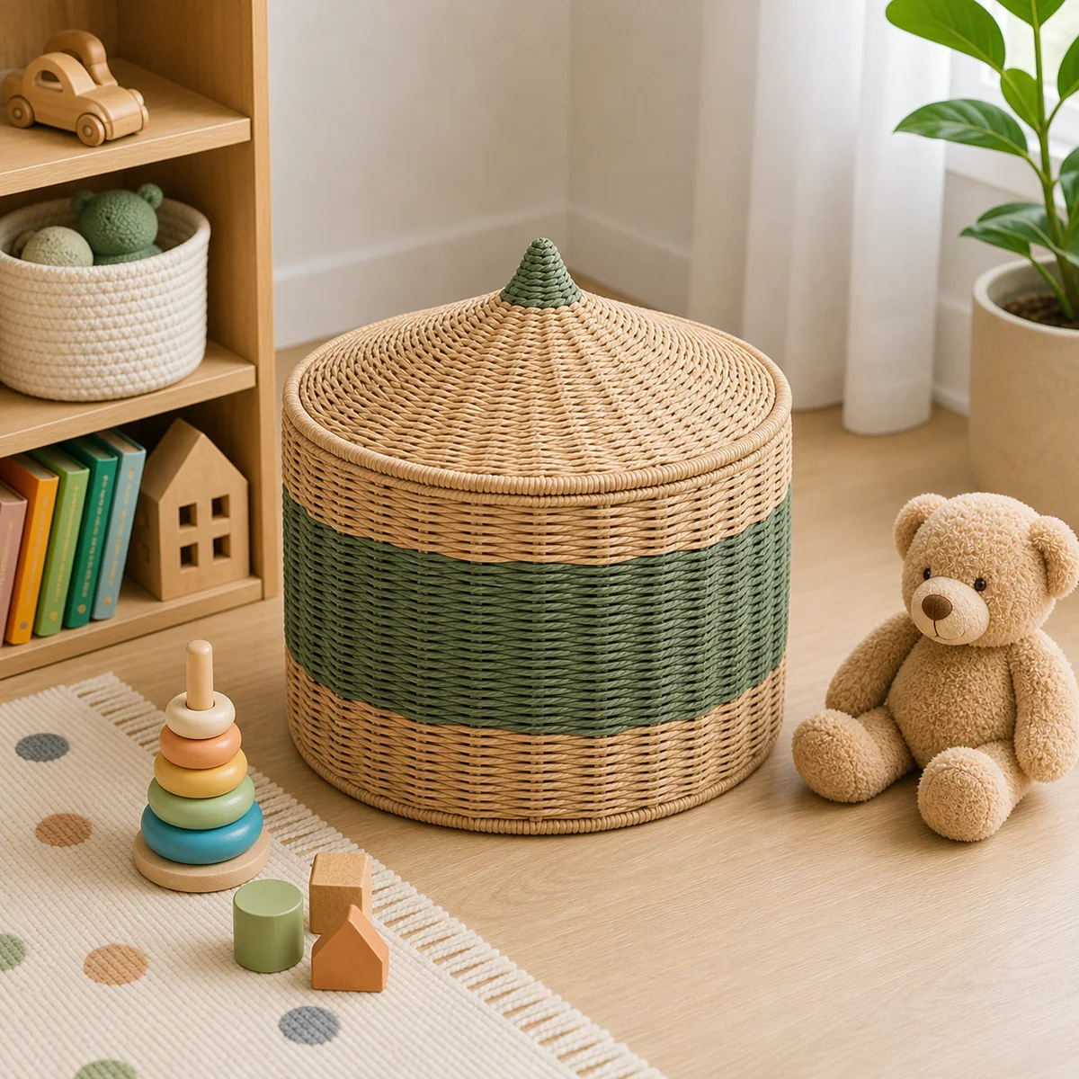 Green and Natural Paper Rope Round Lidded Kids Storage Basket