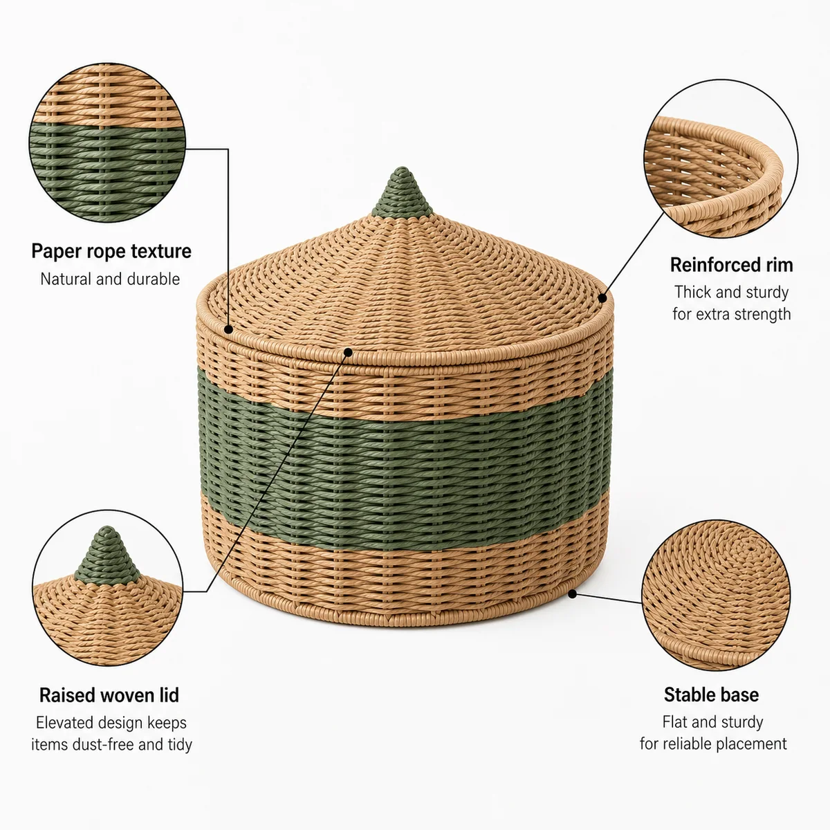 Green and Natural Paper Rope Round Lidded Kids Storage Basket