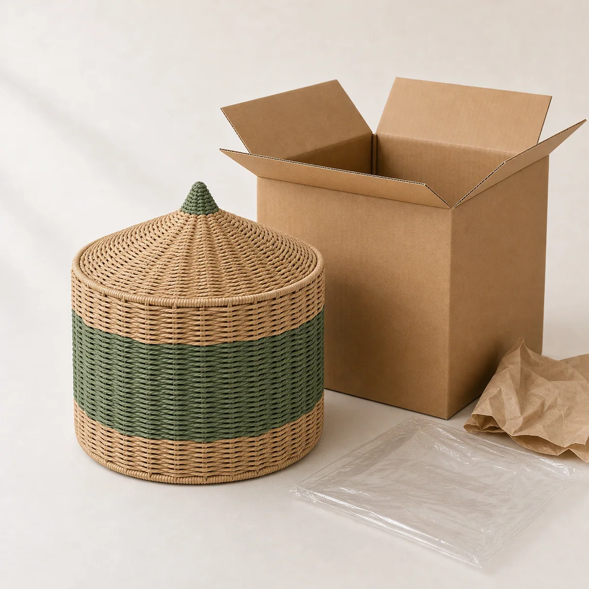 Green and Natural Paper Rope Round Lidded Kids Storage Basket