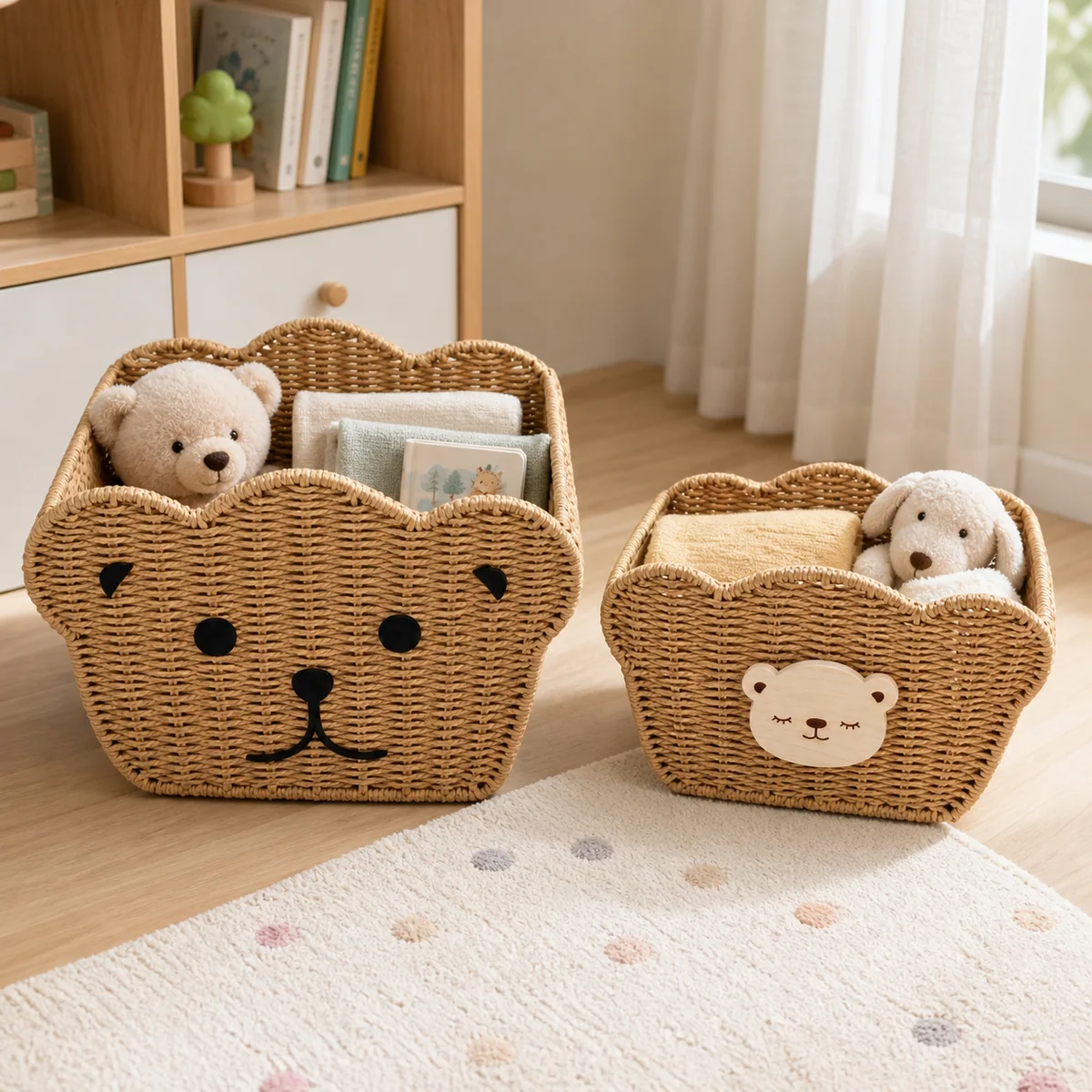 Natural Paper Rope Bear Face 2-piece Kids Storage Basket Set