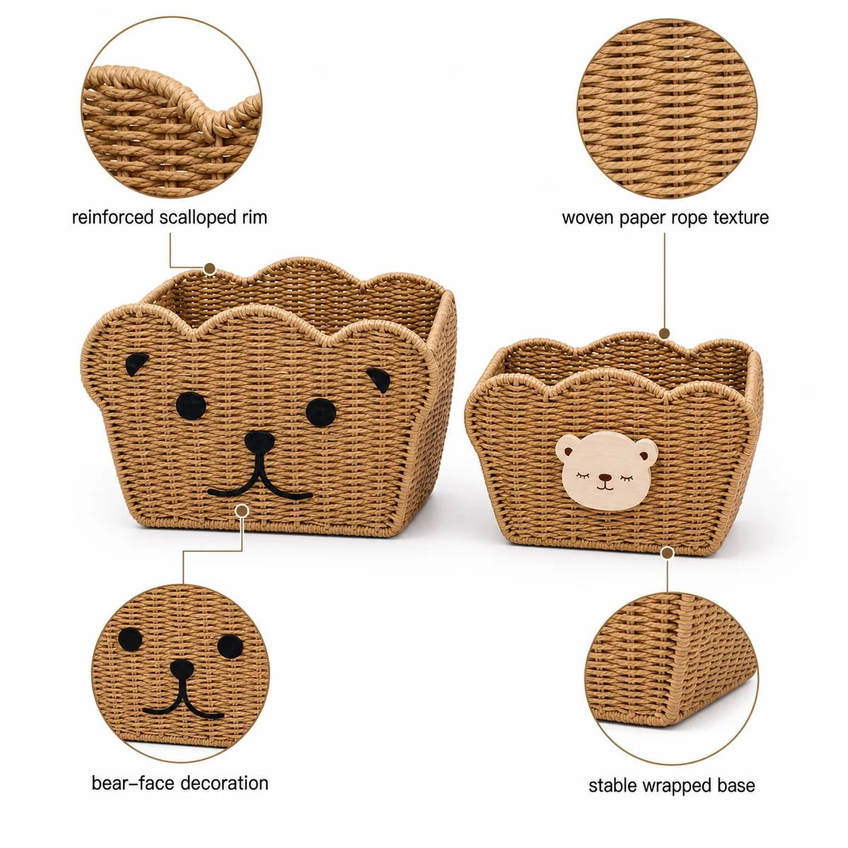 Natural Paper Rope Bear Face 2-piece Kids Storage Basket Set