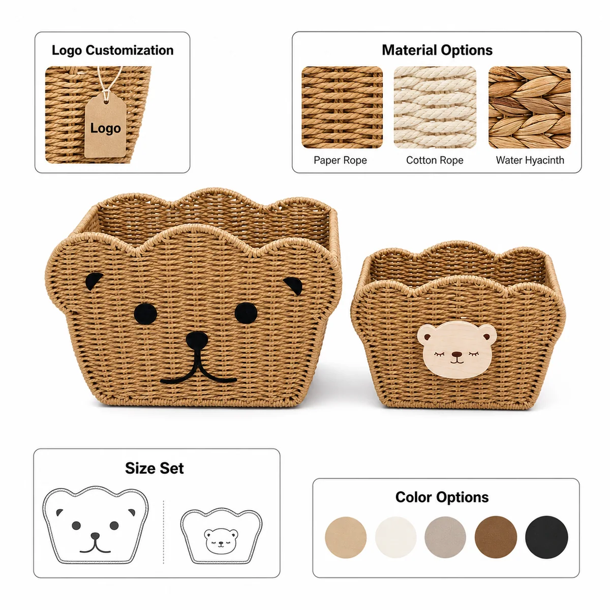 Natural Paper Rope Bear Face 2-piece Kids Storage Basket Set