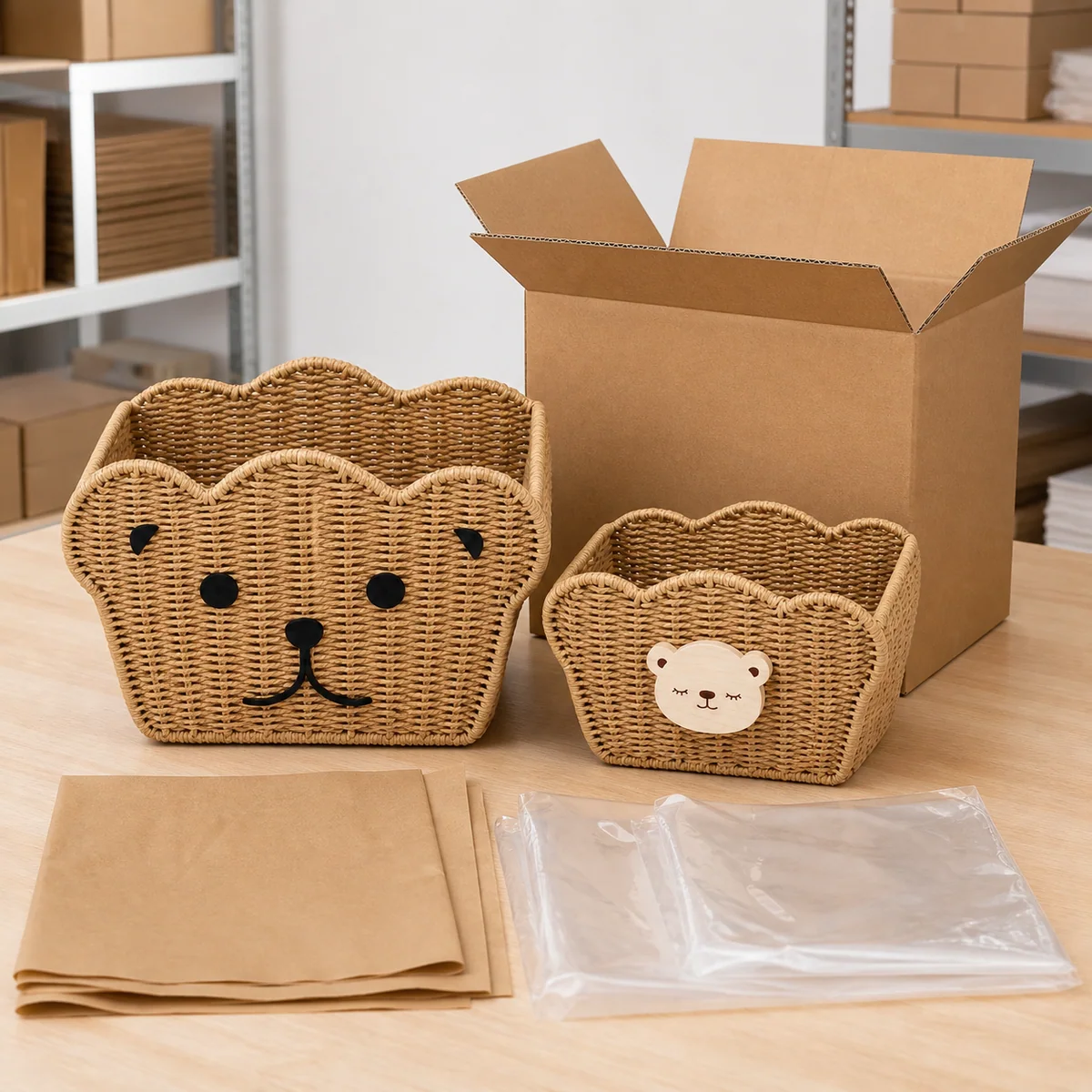 Natural Paper Rope Bear Face 2-piece Kids Storage Basket Set