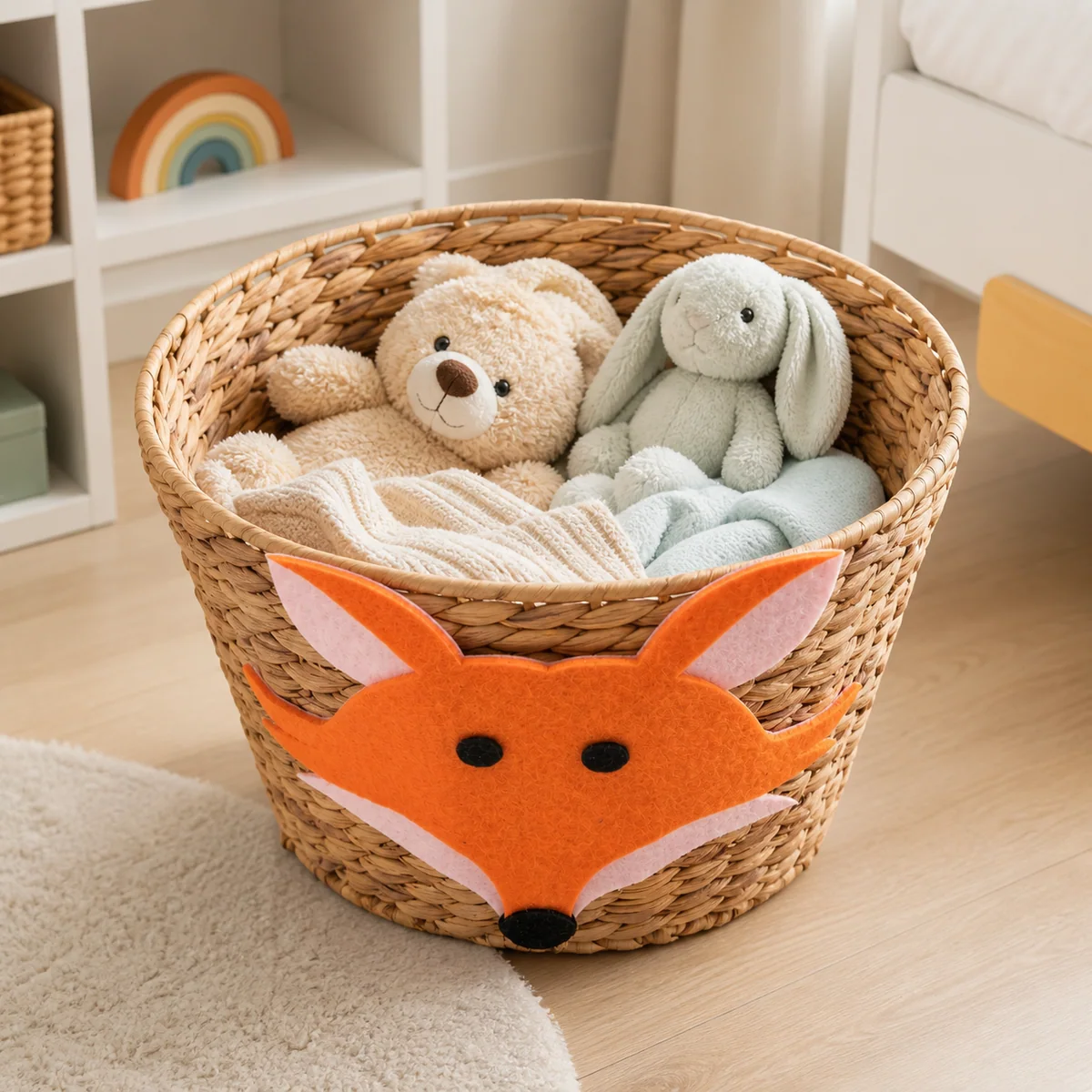 Natural Water Hyacinth Round Fox Face Kids Storage Basket
