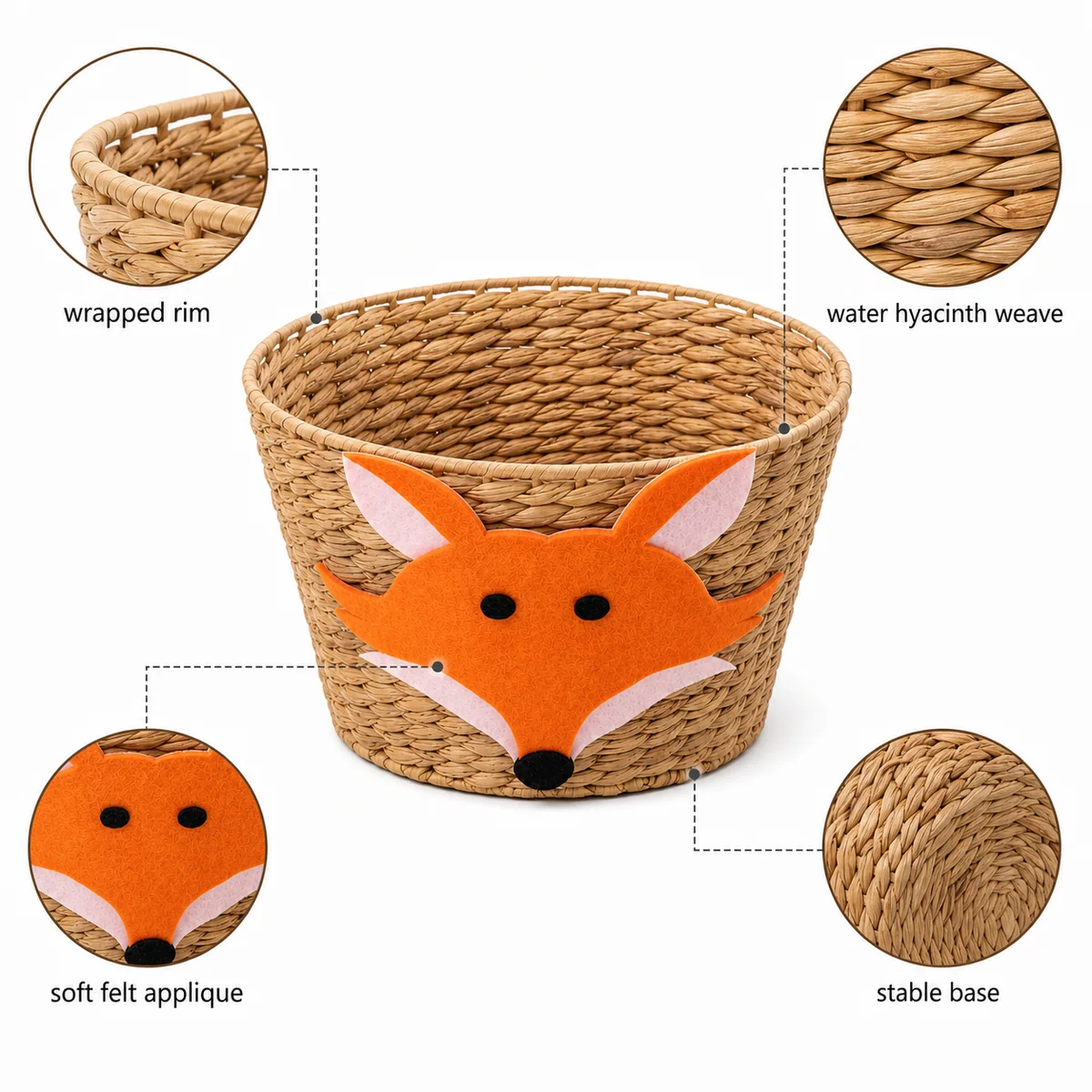 Natural Water Hyacinth Round Fox Face Kids Storage Basket