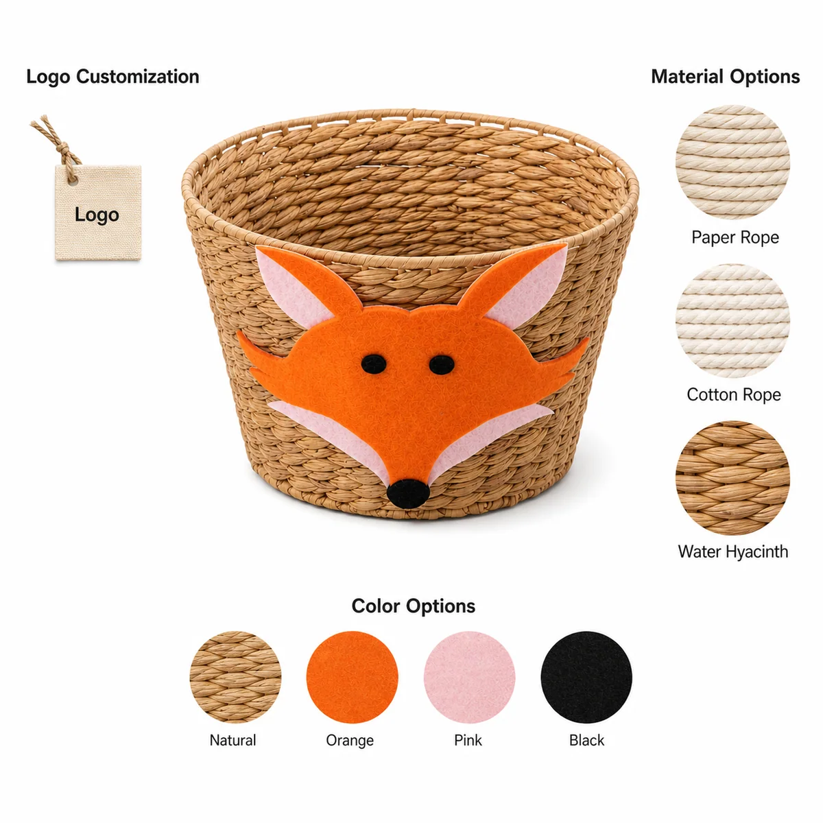 Natural Water Hyacinth Round Fox Face Kids Storage Basket