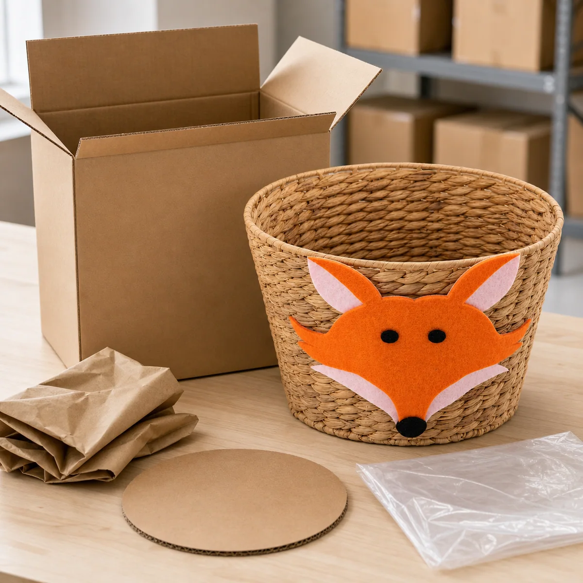Natural Water Hyacinth Round Fox Face Kids Storage Basket