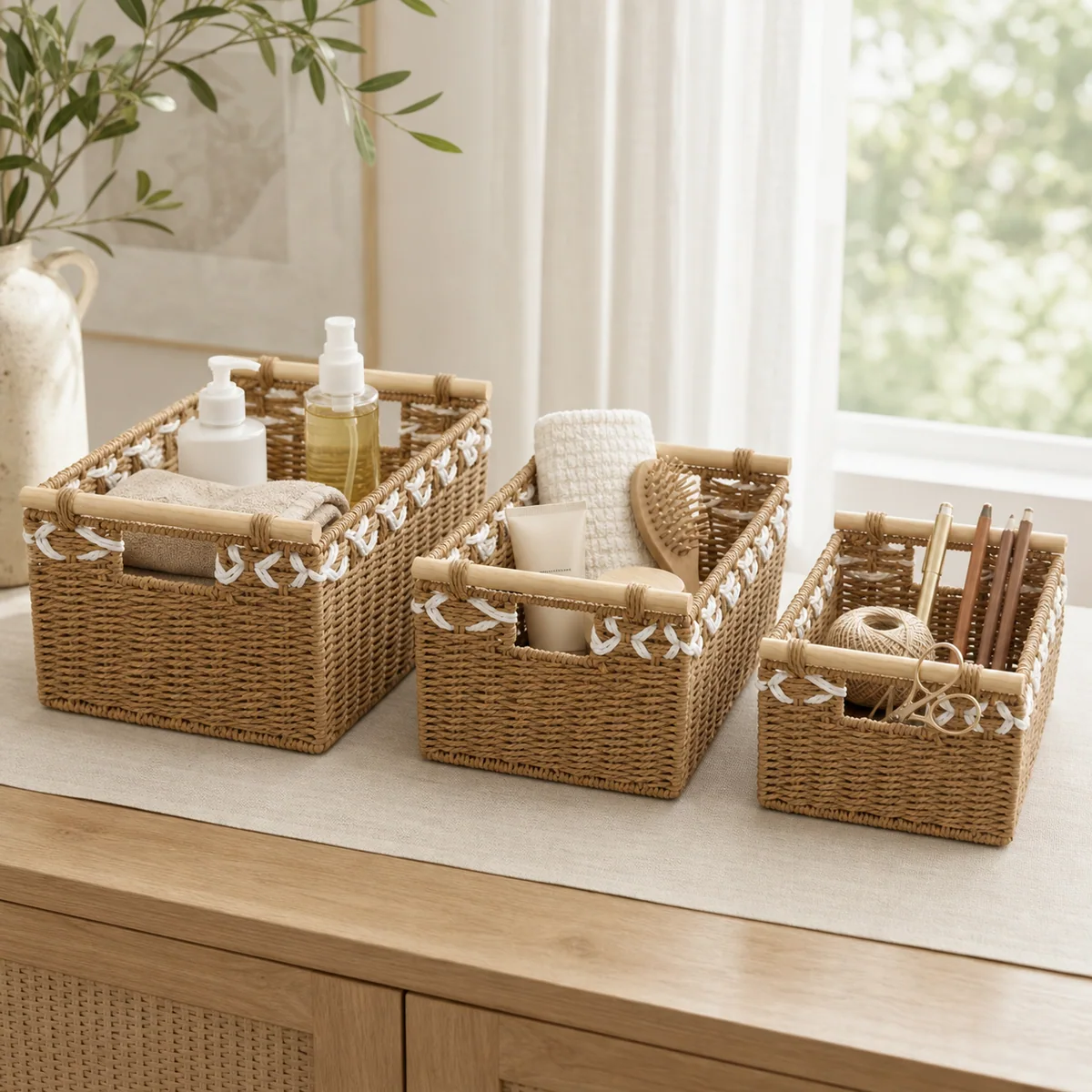 Wood Handle Paper Rope Rectangular 3-Piece Nested Storage Basket Set