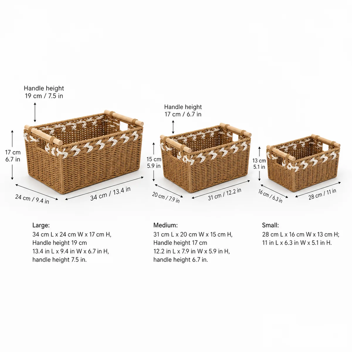 Wood Handle Paper Rope Rectangular 3-Piece Nested Storage Basket Set
